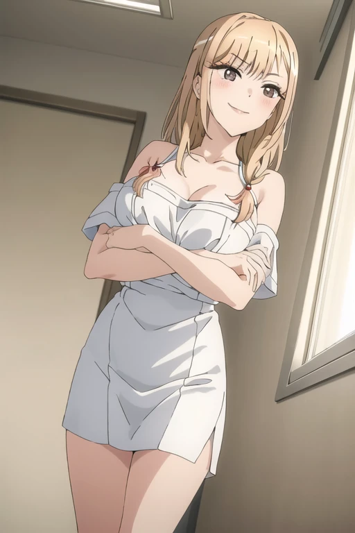 best quality, (masterpiece:1.2), detailed,
<lora:chara_SonoBisqueDoll_KitagawaMarin_v1:0.8>, kitagawa marin sb,
1girl, solo, open mouth, blush,
long hair, blonde hair, brown eyes, multicolored hair,
home dress, bare shoulders, strap slip, cleavage, medium breasts,
standing, looking at the viewer,
pov doorway, hall