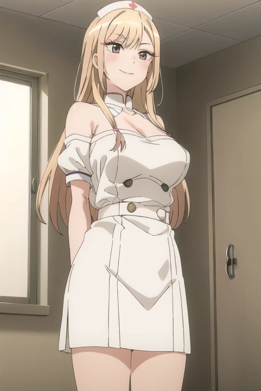 (masterpiece:1.2),(Shiny skin:1.1), Full Body, anime, (anime style:1.5),sexy pose, kitchen background, sexy pose on kitchen board, Heart shaped pupils in eyes,Heart eyes, seducive smile (The body is slim:1.1), (Beautiful blonde long hair:1.2), (Huge breasts:1.5), Floating Hair, (bangs), (white apron only), (cowboy shot), horny, close to viewer