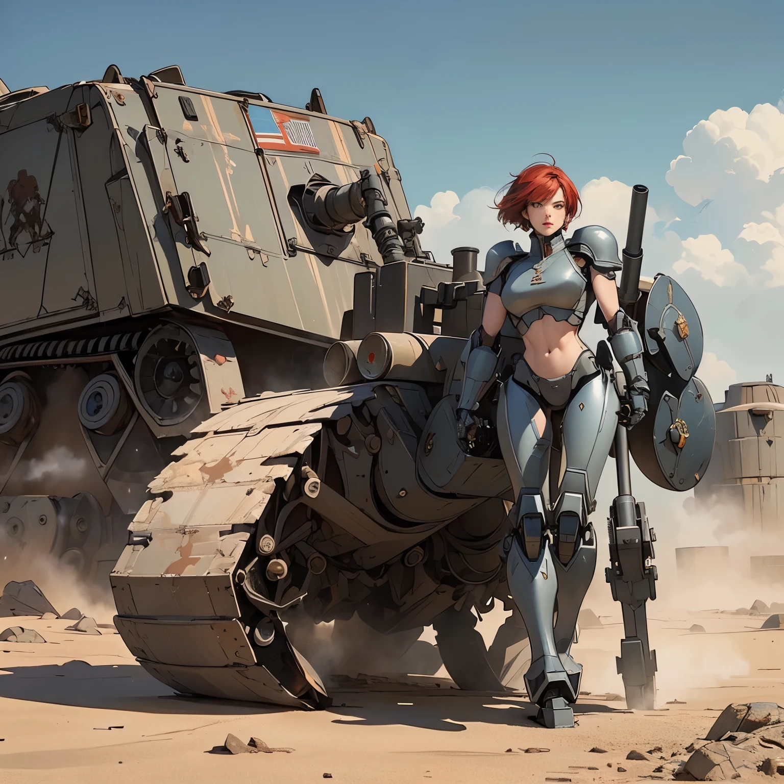 nsfw, anime screencap, 16K, perfect anatomy proportion body, perfect hands, action, A dynamic composition with a sense of speed and movement, (open cockpit, Riding a large, heavily armored steam-powered military motorcycle:1.6), a wife, 40age, perfect beautiful delicate sexy face, perfect beautiful delicate slanted red eyes, red hair, swept bangs pixie cut, medium breasts, abs, Sophisticated chainmail-clad heavy armored robotic steam engine full armor powered suit, Many robot soldiers having a gunfight in the background, Flying bullets, Desert Battlefield, war, Post-apocalyptic,