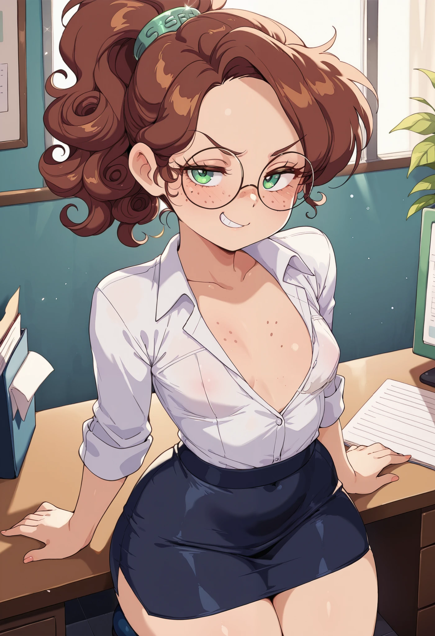 score_9, score_8_up, score_7_up, score_6_up, Bl3th3bn3_Styl3_SKNSFW, masterpiece, best quality, 1girl, caucasica, curly hair, white brown hair, ponytail hair, glasses, green eyes, flat girl, , small breast, freckles, office clothes, en oficina, secretary, tube skirt, white shirt, delineado negro, maquillaje, smug, smirk, sonrojada, pose sexy, front view
