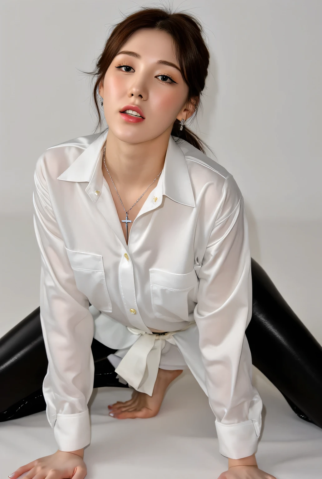  a woman, hands touching the floor, pantat di angkat ke atas berpose doggystyle, Use a white satin material formal shirt, wearing long latex pants up to the legs of black,  using a cross necklace .