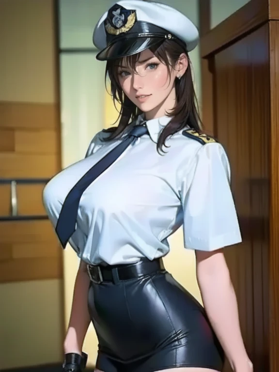 1 person, Naked police, Adult, resident evil style, sexy police officer in uniform,belt,watch,slim, evening, Soft Light, Facial details, Kind Face, Long black hair, Beautiful Skin, fringe, Pale pink lips, with a gun in hand, smile, Big black eyes, Looking at the audience,Cowboy Shot. -- realistic style - imagine -