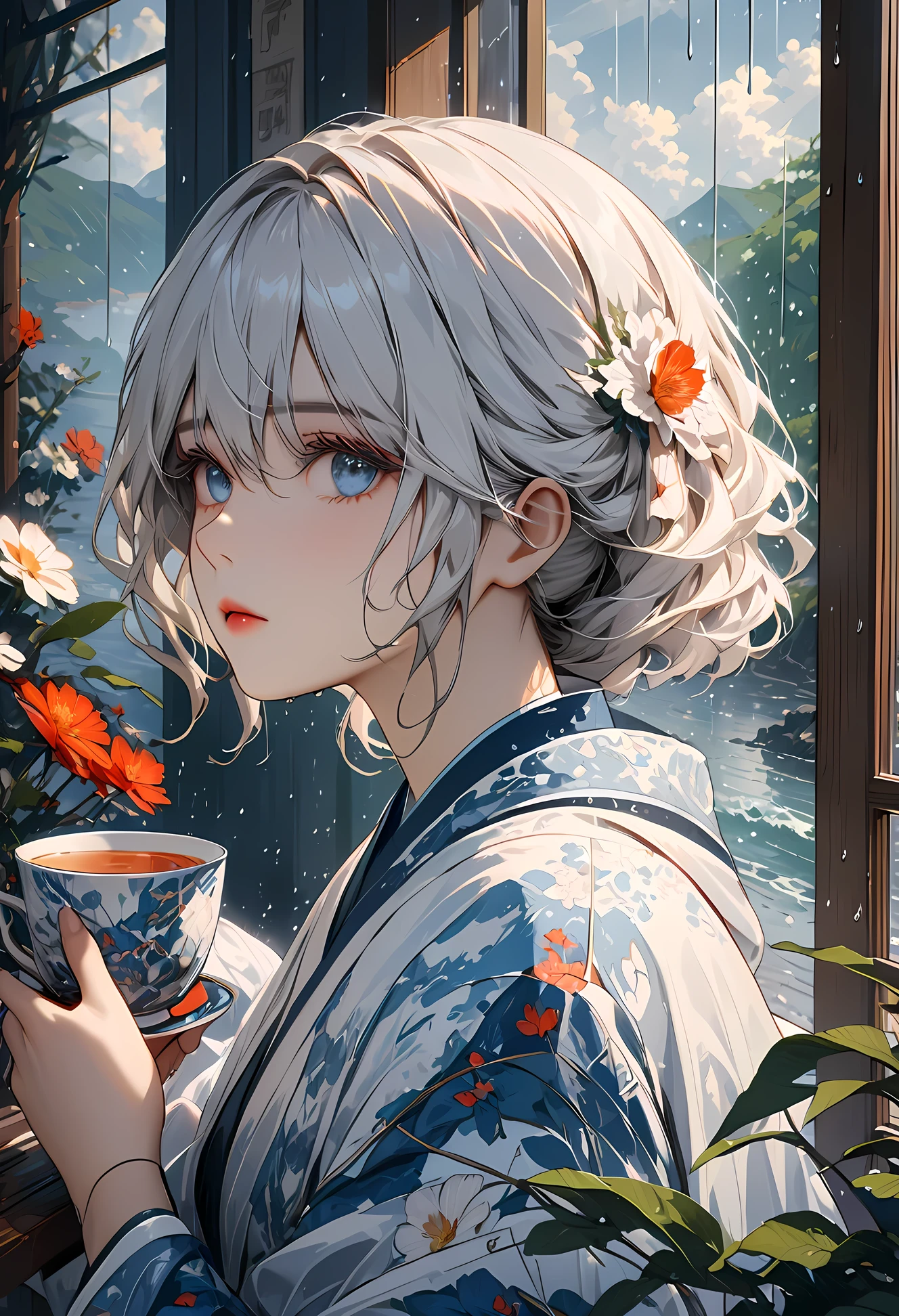 A girl drinking tea, looking outside the window, rain falling, serene and peaceful expression, (best quality,4k,8k,highres,masterpiece:1.2),(untied white hair with soft waves:1.2),soft blue kimon,ultra-detailed,intricate details,beautiful detailed eyes,beautiful detailed lips,extremely detailed face,longeyelashes,window reflections,warm lighting,muted color palette,calming atmosphere, perfect composition