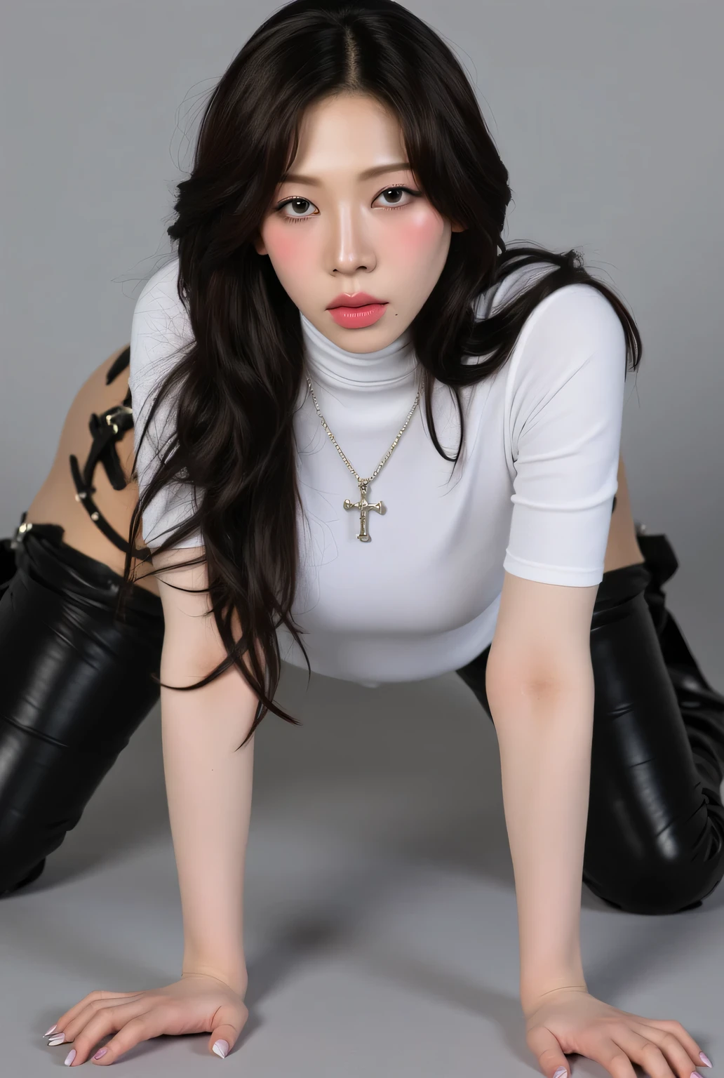  a woman, hands touching the floor,  waist in lift up posing doggystyle , with a seductive face of a man , using a white turtle-neck model T-shirt , wearing long latex pants up to the legs of black,  using a cross necklace .