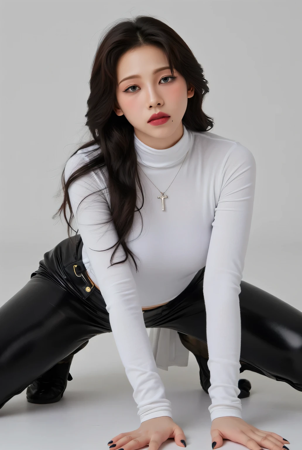 a woman, hands touching the floor, waist in lift up posing doggystyle , with a seductive face of a man , using a white turtle-neck model T-shirt , wearing long latex pants up to the legs of black, using a cross necklace .