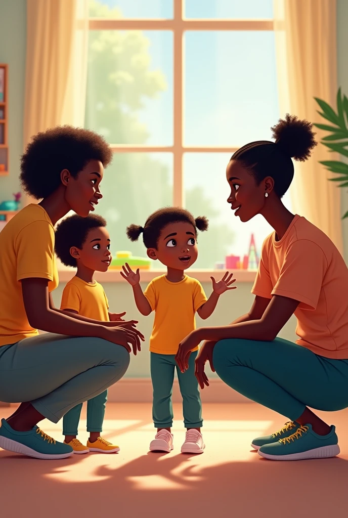 black parent kneeling in front of her two children, a boy and a girl, adjusting their outfit