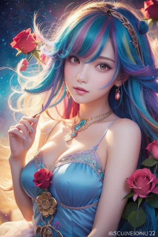 (masterpiece、top-quality、Top image quality、Top resolution、watercolor paiting(Curly)、Official Art、Beautifully Aesthetic:1.2)、(1girl in:1.3)、(Fractal art:1.3)、The upper part of the body、large full breasts、from side、looking at the viewers、patterns、(rainbow-colored hair、colourful hair、Half blue and half pink hair:1.2)、Eau、liquids、云、colourfull、starrysky、stele、