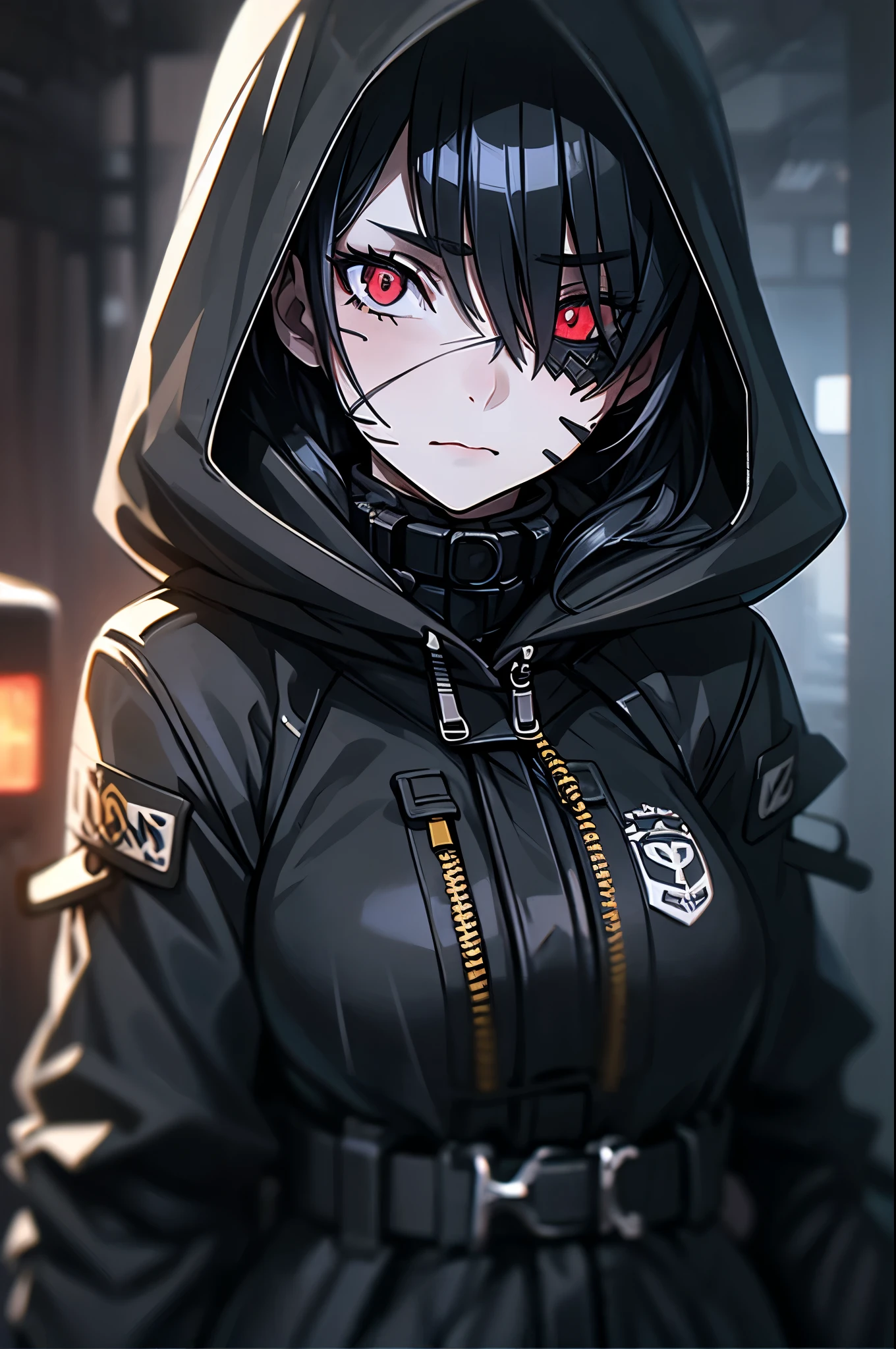 a beautiful young female soldier with dark and melancholic expression, wearing a black hoodie and black trenchcoat, messy black hair, red eyes, bandages on both arms and one eye, anime style, high quality, detailed facial features, detailed clothing, detailed environment, dramatic lighting, cinematic composition, muted color palette, gritty textures, digital painting