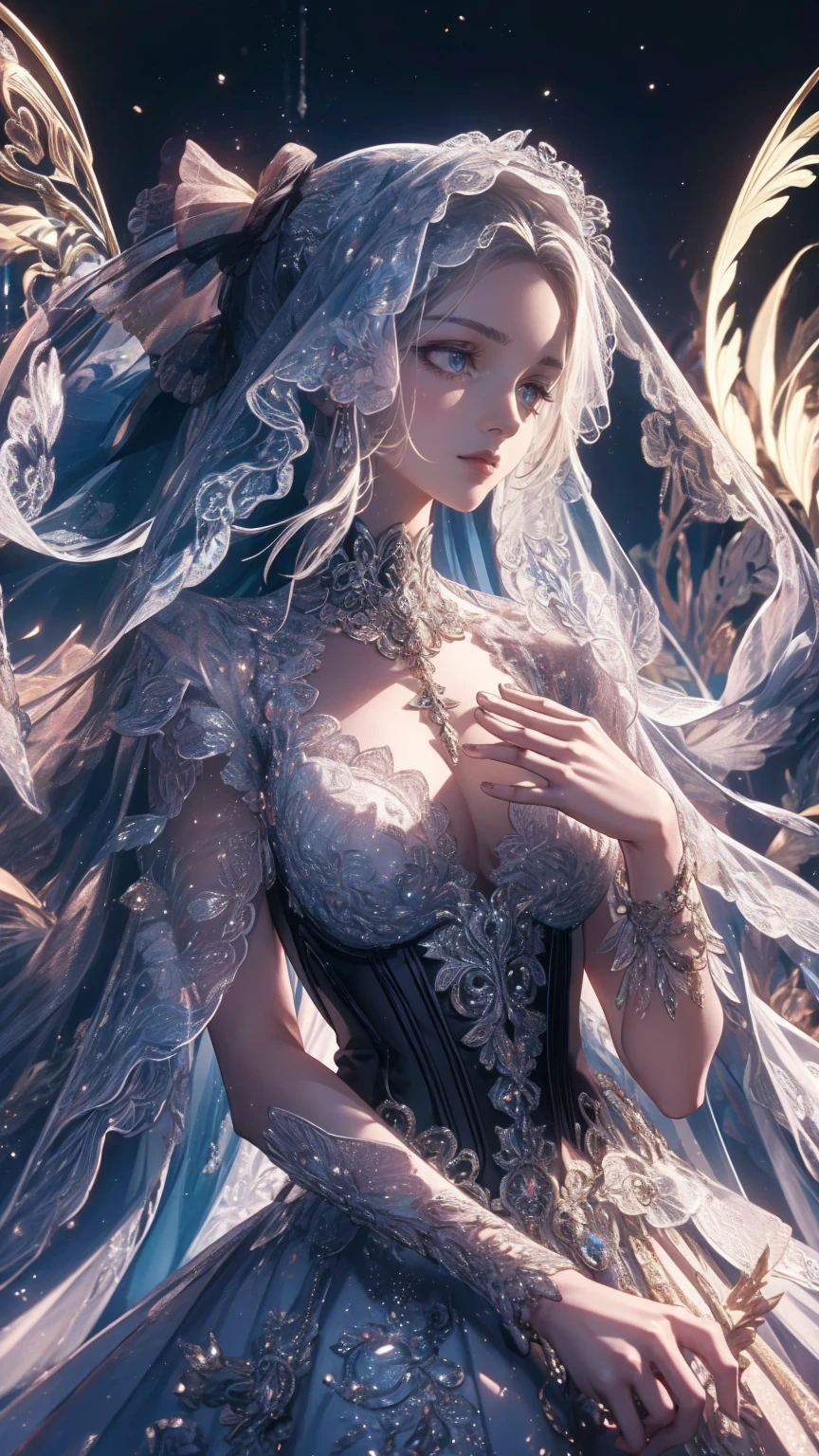 Female Adventurer, whole body, Game Art Style, (masterpiece), Highest quality, High resolution, 4K, 8K, Detail View, Intricate details, Cinema Lighting, Great quality, 1 Girl、Elegant red and white lace style dress、A red and white line dress made of intricate and artistic lace、Pretty dress、Super Luxury Dresses、Beautiful black hair, Great Shade, Soft lighting, To the camera, Perfect Eyes