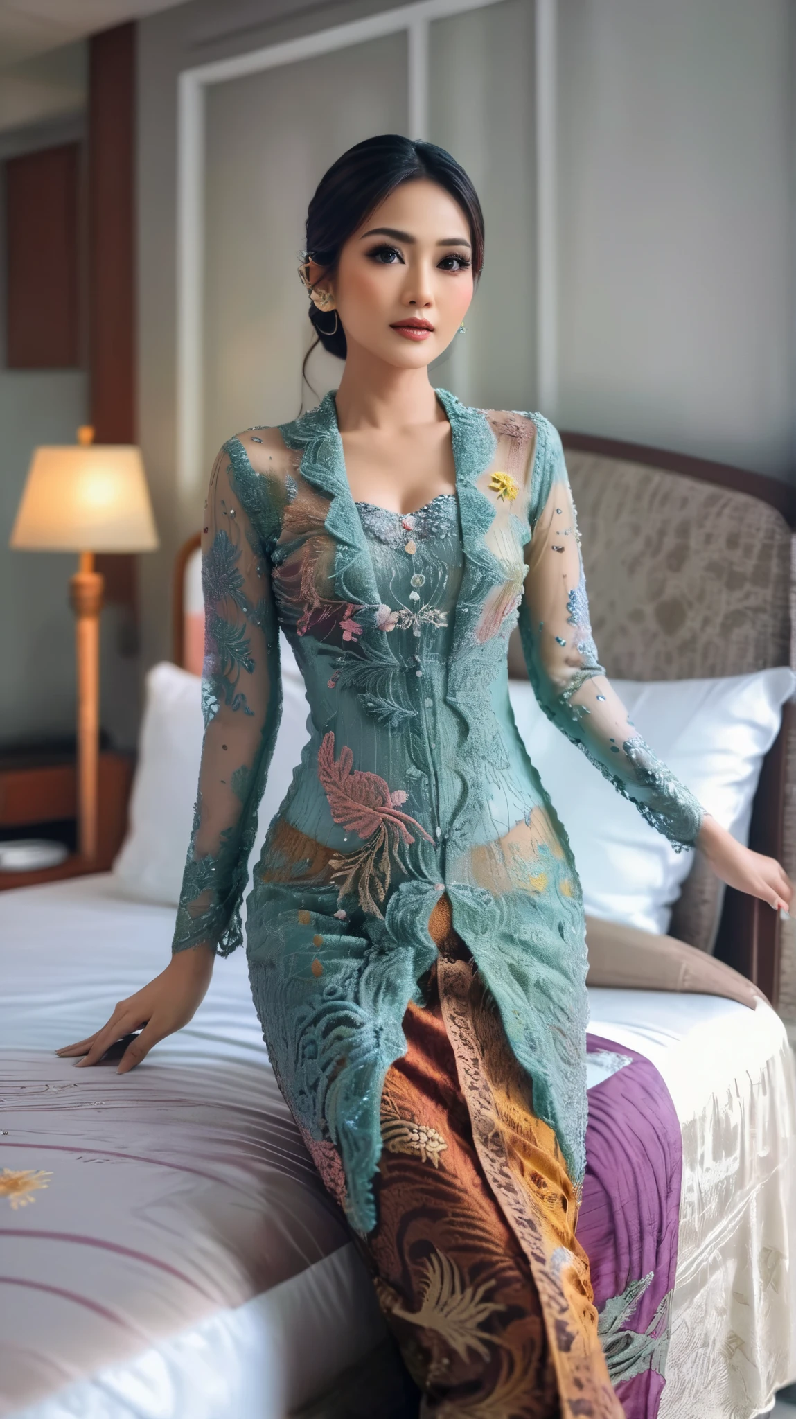 A woman in the glamour kebaya, full body,mermaid tight long kebaya, flowy dramatic long kebaya,very long flor length gown, tall women, in bed room, sexy face,sexy pose, masterpice, hyper realistic, realistic lightning, Ensure that the image is photorealistic and of top-quality 8K HDR, capturing every intricate detail of the scene.,kebaya,kebaya indonesia,p3rfect ,cleavage