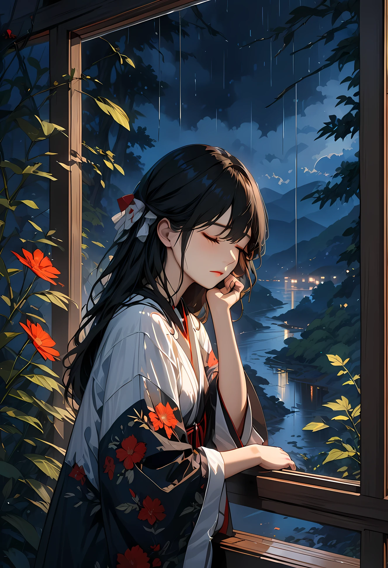 a girl peacefully resting by an open wooden window, (closed eyes:1.1), calm expression, she leans against her hand, the rainy forest and night sky visible outside the window, (best quality,4k,8k,highres,masterpiece:1.2), (untied, long black hair:1.2),extremely detailed face, beautiful face, long eyelashes,ultra-detailed,tranquil,cinematic,chiaroscuro,dramatic lighting,serene,introspective