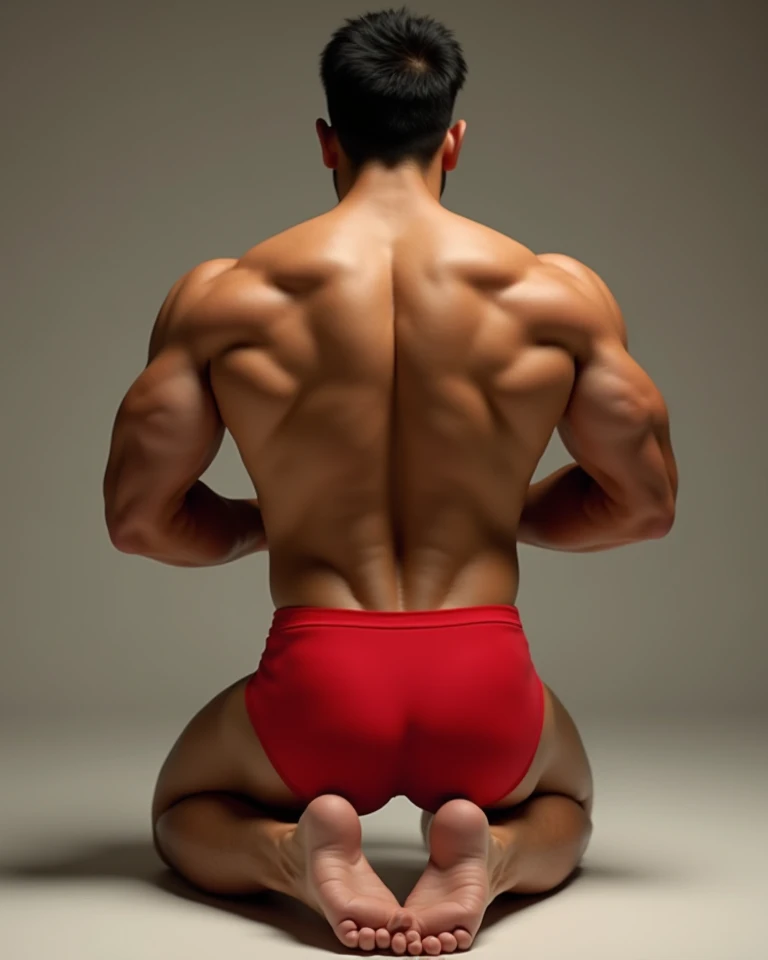 Rear view of man wearing red thong