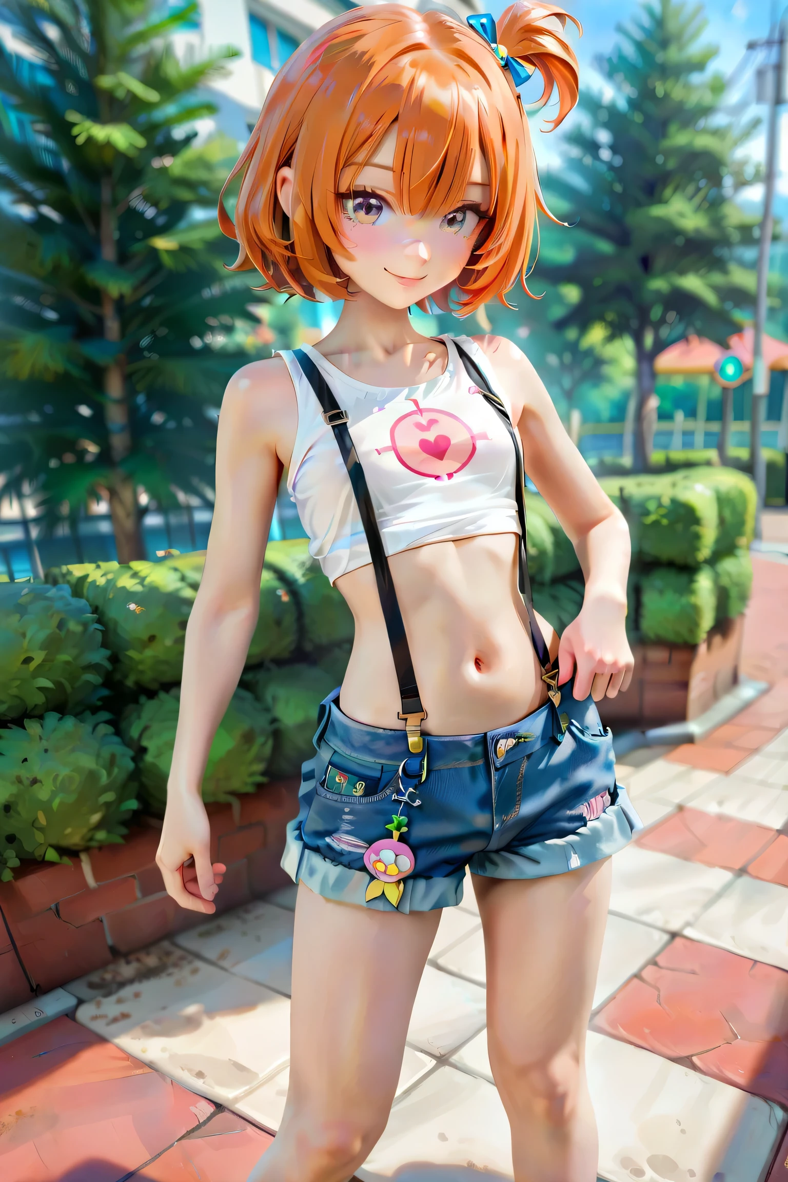 Pokemon Trainer、Kasumi、 orange hair、Short hair and tie it on one side、 denim shorts、plain white sleeveless、Belly button、 suspenders、smile、 Beautiful Streetscapes