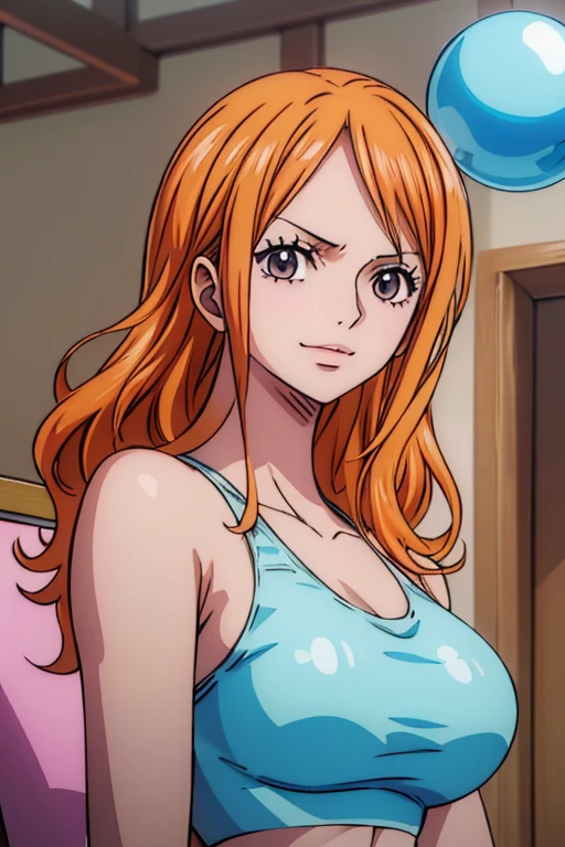 nami, (8k, RAW photo, best quality, masterpiece:1.2), (intricate details), perfect eyes, perfect face, perfect lighting, beautiful, (masterpiece:1.2), (best quality:1.2), 1girl, , micro bikini top , denim shorts , bedroom ,smile