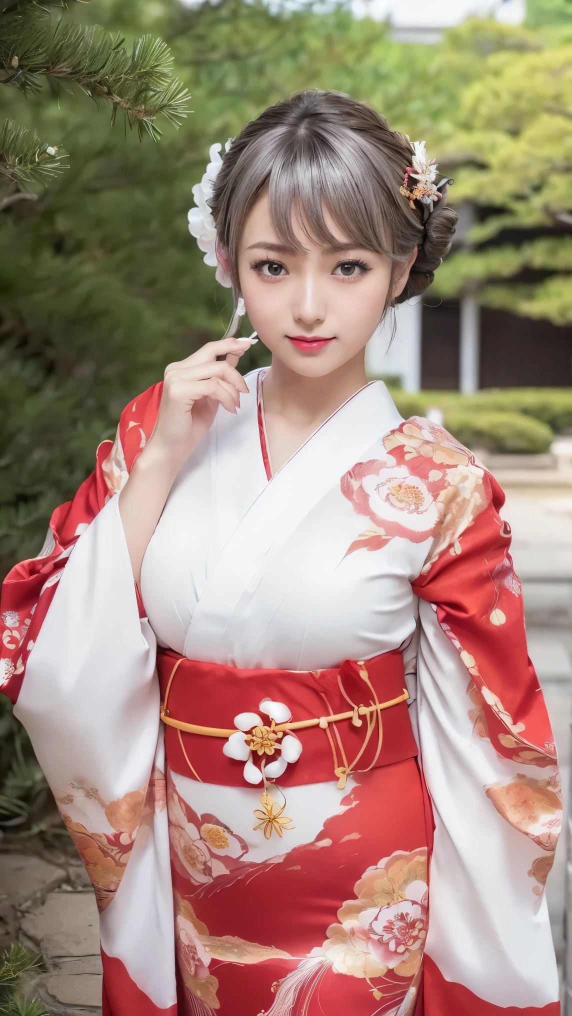 ((best quality, 8K, masterpiece)), ultra detailed, sharp focus, 1 beautiful woman, ((red kimono)), (((kimono lifting:1.4))), (((white lace panties))), highly detailed face and skin texture, ((detailed eyes)), ((beautiful eyes:1.2)), (Japanese shrine)