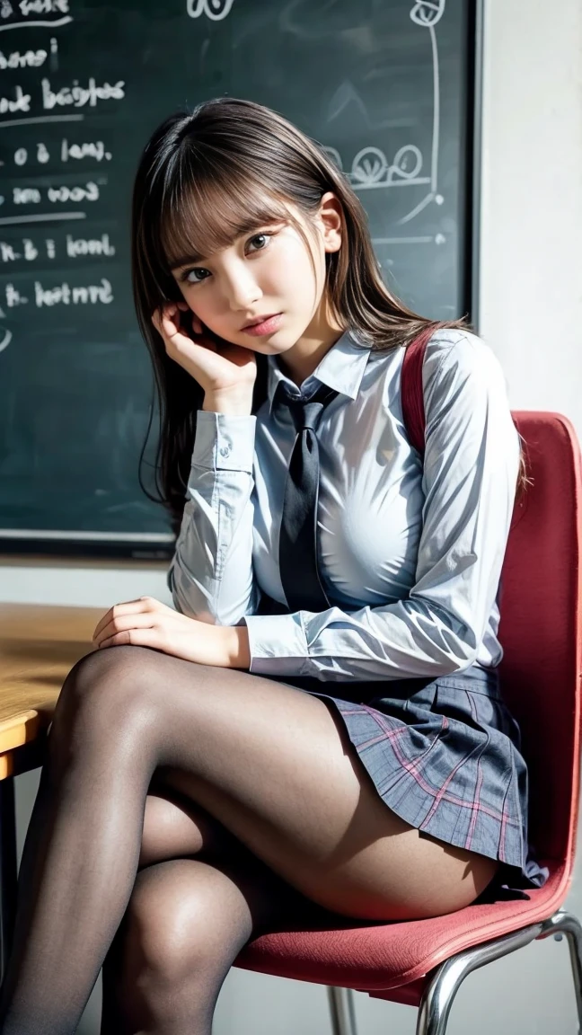full body shot 、Woman sitting at desk 、 woman with crossed legs 、 gal makeup、Long nails、Long nails、 big breasted 、 big breasted 、 Deep Cleavage、 long legs 、 beautiful legs with tails、 I'm wearing a pink long-sleeved shirt、one-button shirt 、 wearing loose red tie 、 check mini skirt through bangs、 plaid red miniskirt 、 Black Tights 、black tights、 black loafers 、Blue student bag 、 detailed background、 School classroom、Inside the school 、 blackboard 、チョークで文字の描かれた blackboard 、School Machine、 School Chair