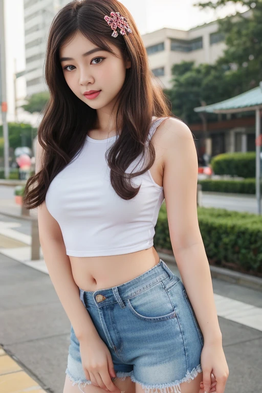 (((Open Stance)))、 ((White lace T-shirt)), Gazing at the audience、((White shorts))、Standing with legs open to the sides、((Sexy young woman&#39;s body:1.4)),Large Bust、

