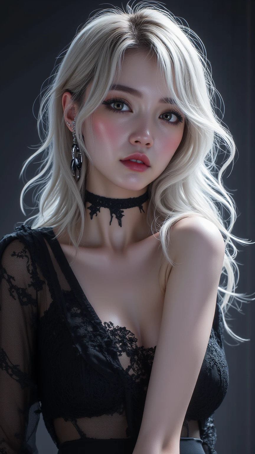 ((Best Quality, 8K, masutepiece:1.3, 1 girl, Beautiful Girl)), Cute, Dynamism, Detailed face, Detailed skin, Detailed eyes, Detailed lips, Detailed fingers, Round buttocks, Photorealistic, Raw photo, Natural light, Perfect Anatomy, Big breasts, ((Silver hair)), Tied Gothic Lolita Black Maid Dress, Long sleeve, Looking at Viewer, thighhigh, Red lips, Sunset, gothic mansion, cleavage, spreading legs, Ecstatic face, Braided hair