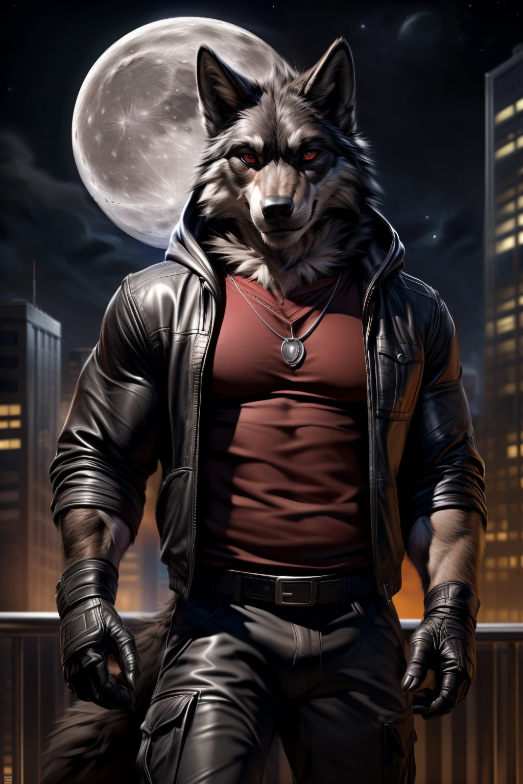 ((By Chunie)), ((By Zaush)) ((By Darkgem)), ((By Anhes)), handsome, sexy, hot, muscular male furry anthro ((Black Wolf)), male, wolf, canine, black fur, ((wearing black long jacket with dark over red t-shirt and a dark grey zip up hooded jacket)), dark red t-shirt, dark grey hood, (((detailed))), (((detailed features))), (((detailed lighting))), (((detailed shading))), (((detailed fur))), fur, ((black fur)), tail, wolf tail, ((all black fur)), male wolf, eyes, (((detailed eyes))), (((perfect eyes))), ((red pupils)), ((dark charcoal pants)), ((black cargo pants)), black boots)), ((black fingerless gloves)), (((pose))), (((posing))), (((cool pose))), (((looking at viewers))), ((standing)), muscles, black male wolf, city, city skyscraper, ((roof top)), ((night sky)), ((detailed night sky)), ((full moon)), ((detailed moon)), ((wolf moon)), (((landing pose))), ((neckwear)), ((silver wolf head necklace)), vigilante, dark savior