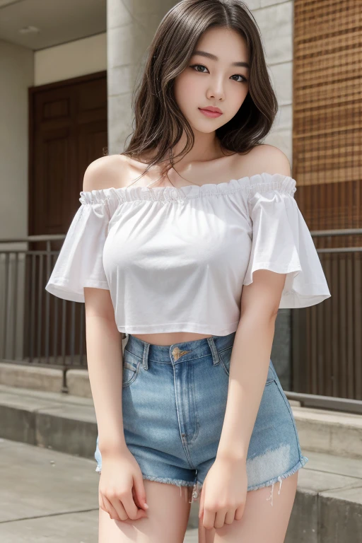 Beautiful 18-year-old brunette girl wearing a short one-shoulder blouse and a high-waisted denim skirt showing her navel