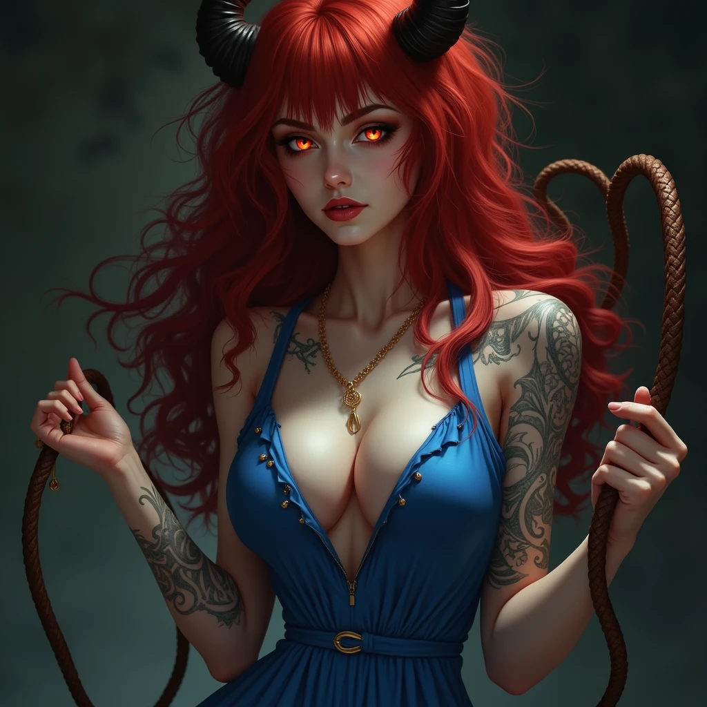 Long Red hair, bangs, demon, tattoed, sexy, blue dress, bdsm, dress whip, close up view