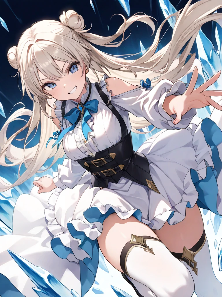 Anime girl posing with long white hair and blue dress, azur lane style, 《azur lane》role, A scene from the《azur lane》videogame, Kushatt Krenz Key Art Women, Splash art anime Loli, Fine details. Girl Front, from girls frontline, high detailed official artwork, Detailed key anime art, Kantai collection style, From Arknights,Open your mouth and spit out your tongue drooling
