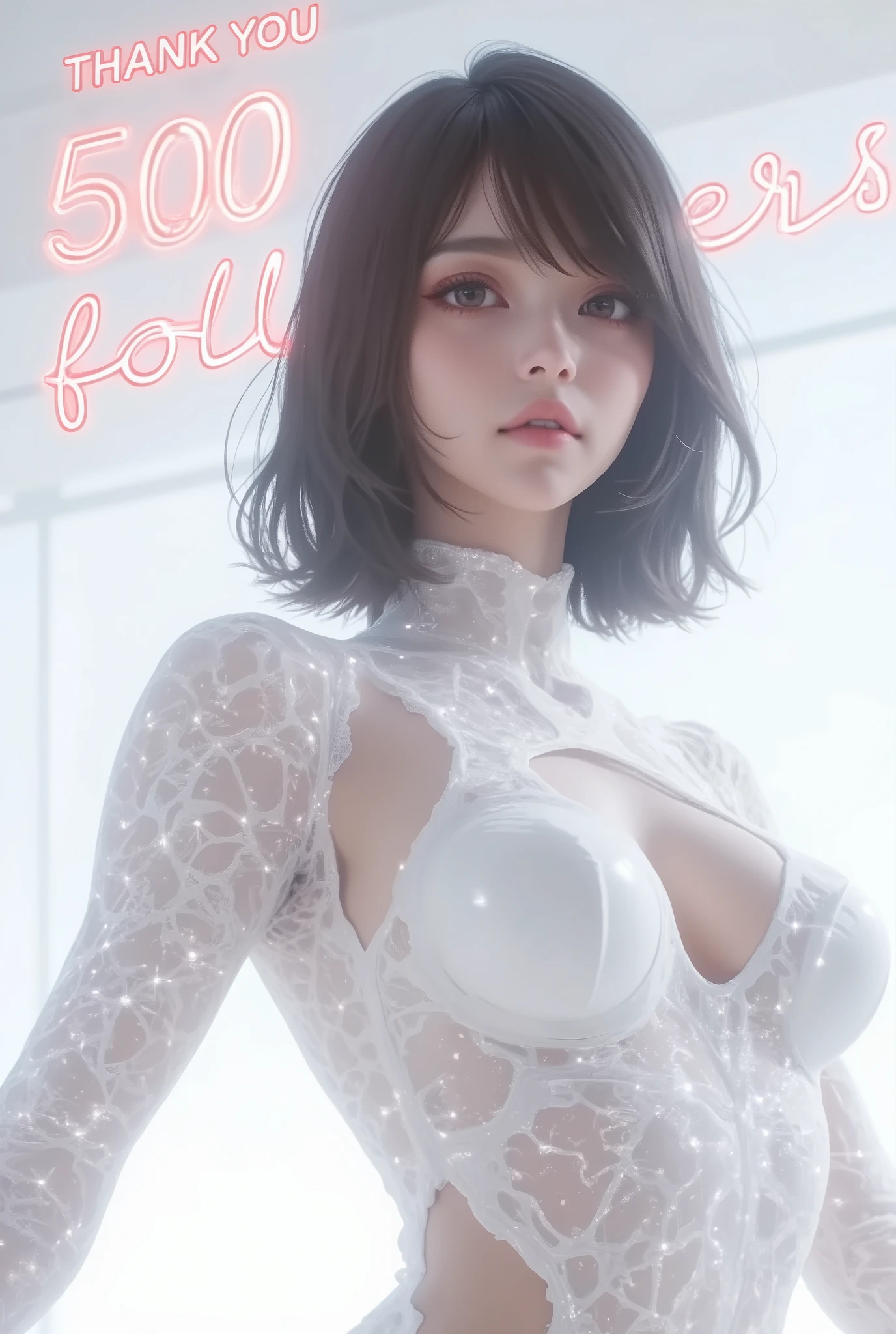 ((top-quality, Photorealsitic:1.4, masterpiece:1.3, RAW Photography:1.2, cinematric light, very detailed illustration), , (ultra delicate face, ultra Beautiful fece, ultra delicate eyes, ultra detailed nouse, ultra detailed mouth, ultra detailed facial features), (medium breast:1.3), lipgloss, a beautiful woman, ((gray hair)), ((short bob cut)), hair in 7 thirds, light blue eyes, detailed skin, freckled skin, 20 years old, ((wavy hair)), ((hair over one ear)), ((Forehead)), (((1girl, solo))),

((CHANEL No,5 , perfume)), ((holding transparent square glass bottle of perfume in palm of hand))

((Black sleeveless dress)), like a model, toned body,
