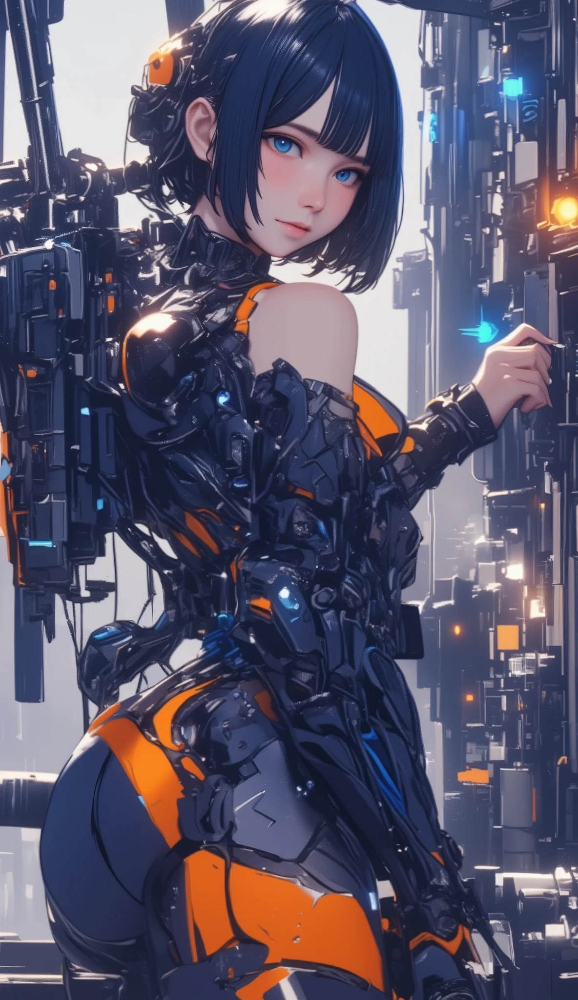 (8k),(masterpiece),(Japanese),(8-year-old girl),((innocent look)),((Childish)),From the front,smile,cute,Innocent,Kind eyes,Flat chest,Hairless vagina, Cameltoe, War Machine Costume,Short,Hair blowing in the wind,Black Hair,Strong wind,night,dark, Neon light cyberpunk city