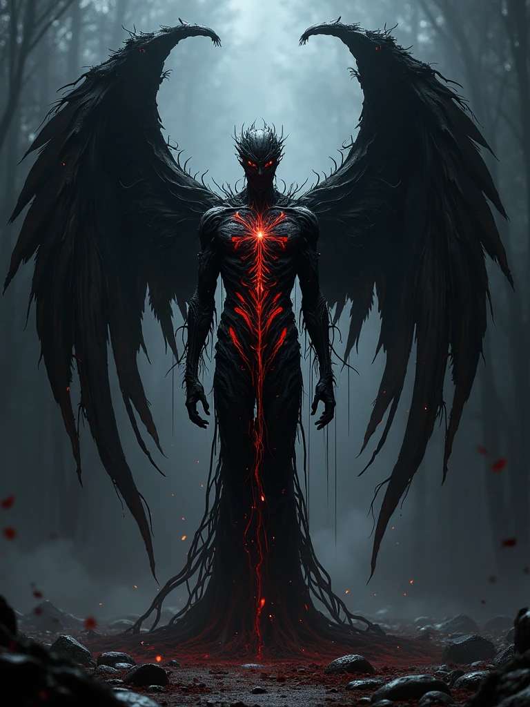 abstract and surreal depiction of a pride demon is made from smoke and haze, the demon has large, eagle-like wings, its eyes sparkle with arrogance, The demon’s limbs are long and slender, exuding confidence and authority, (low saturation), (faded color) palette is monochrome color, a little gold and vibrant red, with intricate, soft yet sharp lines to, featuring dark, ominous tones ,mystical atmosphere, solid gray background, (minimilism), dim,