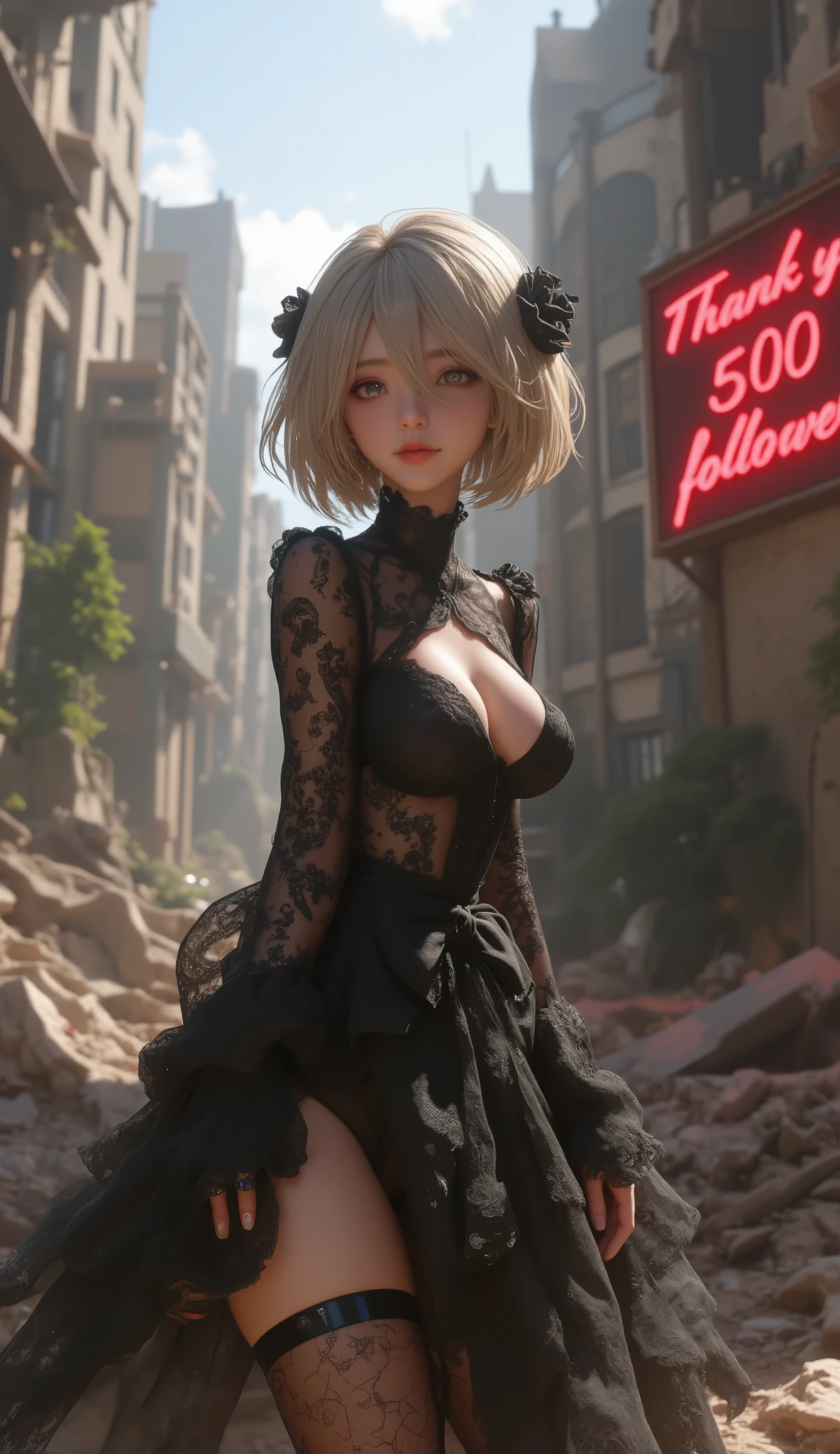 Japanese anime style, a solo girl, A day date with YoRHa 2B wearing a gothic dress, a date in ruins where destroyed machine lifeforms lie, YoRHa 2B looks like she's having a great time, YoRHa 2B smiling, , (a red big neon sign which says "Thank you 500 followers":2.0),