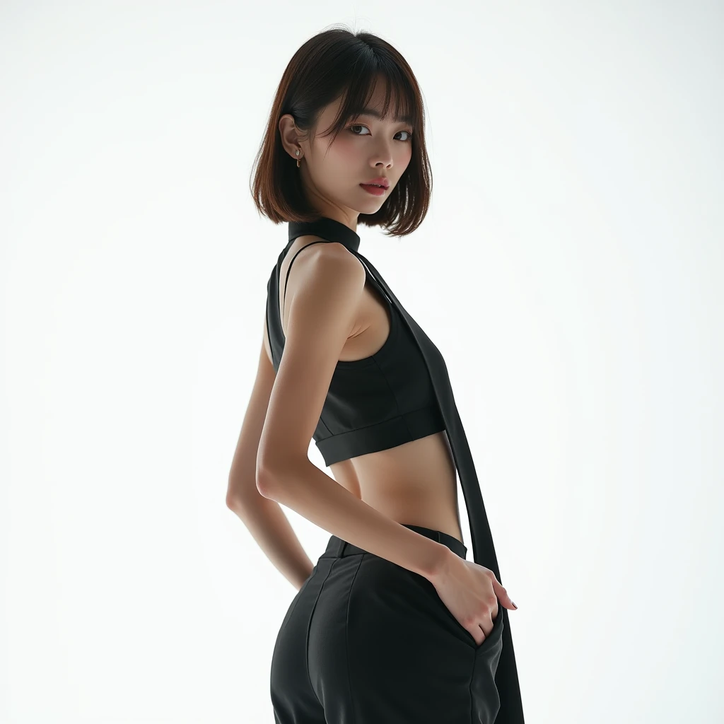 （Highly detailed body，Highly detailed face，Best Quality：1.2） ，woman，fold your hands behind your back，View Lens（Wide bandeau top，Black JK Pleated Skirt，Open belly button) Background Room 1.4