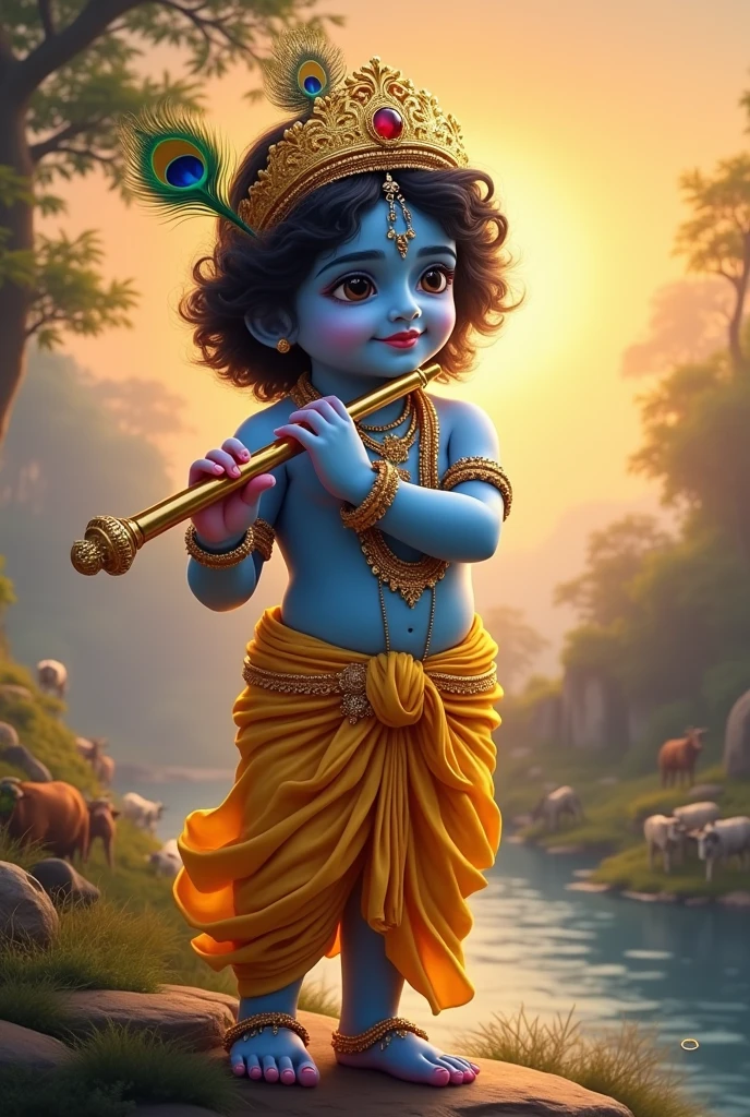 Little Krishna standing in battle ground, in his right hand is up and first finger of his hand he is holding iconic chakra, chakra revolving on his finger, cute face, peacock feather on head, pot of lots of butter on side, yellow and blue sky, 4k resolutions