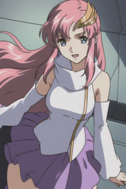 masterpiece, best quality, highres, anime, lacus1, 1girl, solo, lacus1, 1girl, solo, pink hair, straight hair, hair ornament, white detached sleeves, blue eyes, white dress, purple skirt, long skirt, very long hair, bare shoulders, large breasts, (skirt lift:1.3), (thong:1.1)