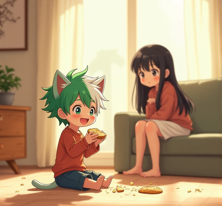 Anime character with green hair and green hair sitting on the floor next to a man, Tatsumaki, Tatsumaki de um homem de soco, Tatsumaki com cabelo cacheado verde, Arte digital de Danganronpa, Krenz Cushart e Asher Duran, por Kamagurka, fanart de alta qualidade, por Shingei, Directed by: Kamisaka Sekka