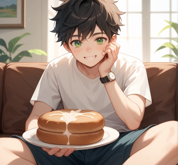 (masterpiece), best quality, expressive eyes, perfect face, animal ears, tail, food, fork, cake, dog, table, dog ears, plate, shirt, dog boy, choker, indoors, cup, fruit, window, long sleeves, dog tail, looking at viewer, cake slice, sitting, holding, collar, akito_s