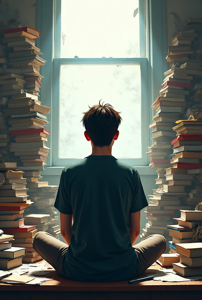 Teenage boy study at the floor in a very very Small and cramped study room
