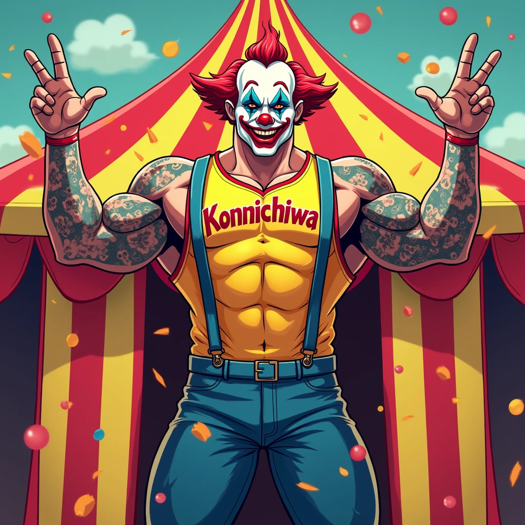 Imagine Patatá, one of the famous clowns from the duo Patati Patatá, with a completely new and muscular appearance. He still maintains his clown characteristics, like colorful makeup, the red nose and the typical hat, but now he has huge, well-defined muscles. Your arms and legs are robust, with visible veins and voluminous biceps. He is wearing a tight tank top, which highlights your muscles even more. Despite the muscular appearance, he keeps his friendly smile and his fun look, ready to entertain everyone with his jokes and pranks.