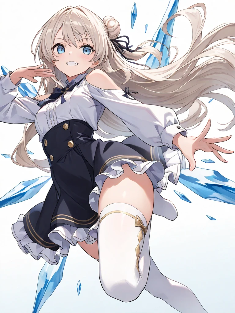 Masterpiece、Highest quality、highest quality、(Open Mouth Smile)、Shiny hair quality、Small face、Dynamic pose、Super detailed, beautiful, wide eyes、Ultra-detailed, clear and beautiful faces、(cute illustration:1.2), High-resolution, ultra-detailed, best quality, embarrassed、Thighs, Awards, Anatomically correct