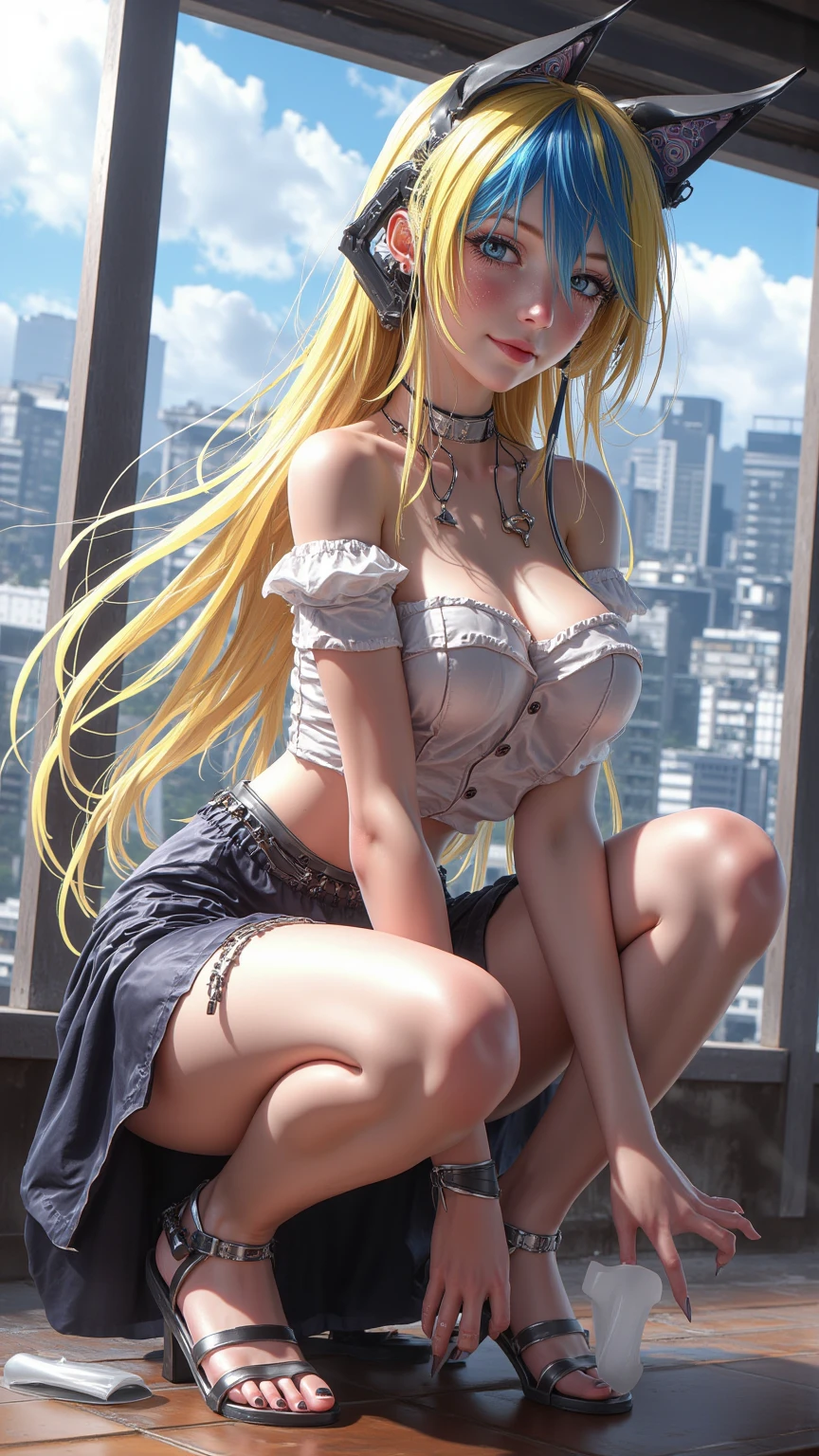 Giantess, long sexy legs, yellow hair, bikini,lying on top of destroyed buildings, city at her feet burns in flames for the destruction she has caused, tiny people climb on her body to try to defeat her uselessly. Giantess, goddess, macrophilia, curvaceous body, hentai, fetish, sexy legs, bikini, high heels, high quality, tiny people, people climbing body, giantess body, small people, crew of tiny people
