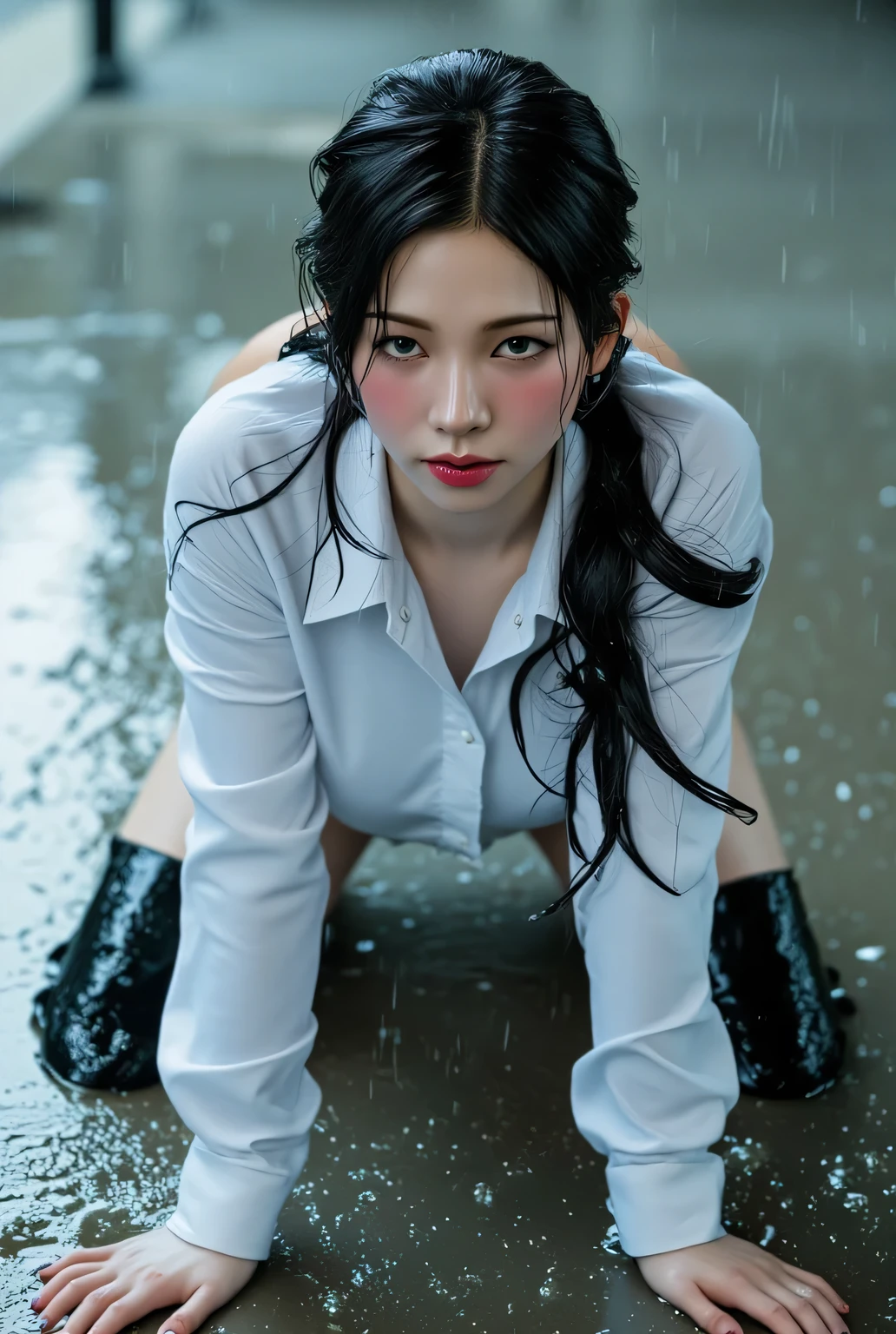a woman, in the middle of the rain, wet whole body , both hands on floor , ass raised up posing doggystyle , using white satin formal shirt, using long black latex pants , facial expression is being horny ,