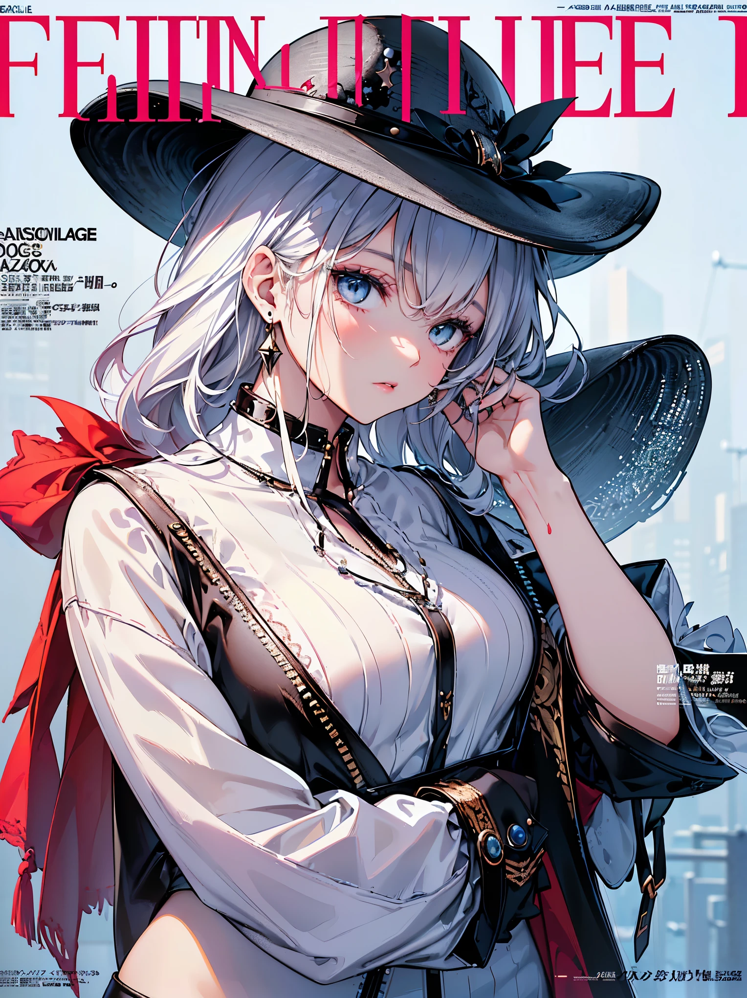 (( best quality )),(Ultra high resolution),( very detailed),( Detailed explanation ),(( best CG )),( Best Works of Art ), Ultra Precision Art, Amazing Painting Art ,( Contemporary Art with Fine Details:1.5),( Fashion Magazine Cover:1.8), ( Female Fashion Model Wearing a Hat at an Angle :1.6),( Beautiful, Well-groomed Face :1.5), gradient depiction :1.6,Powerful Gaze:1.4,( wearing a hat at an angle :1.3),Tops:1.3,Open Jumper :1.3, hotpants:1.4
