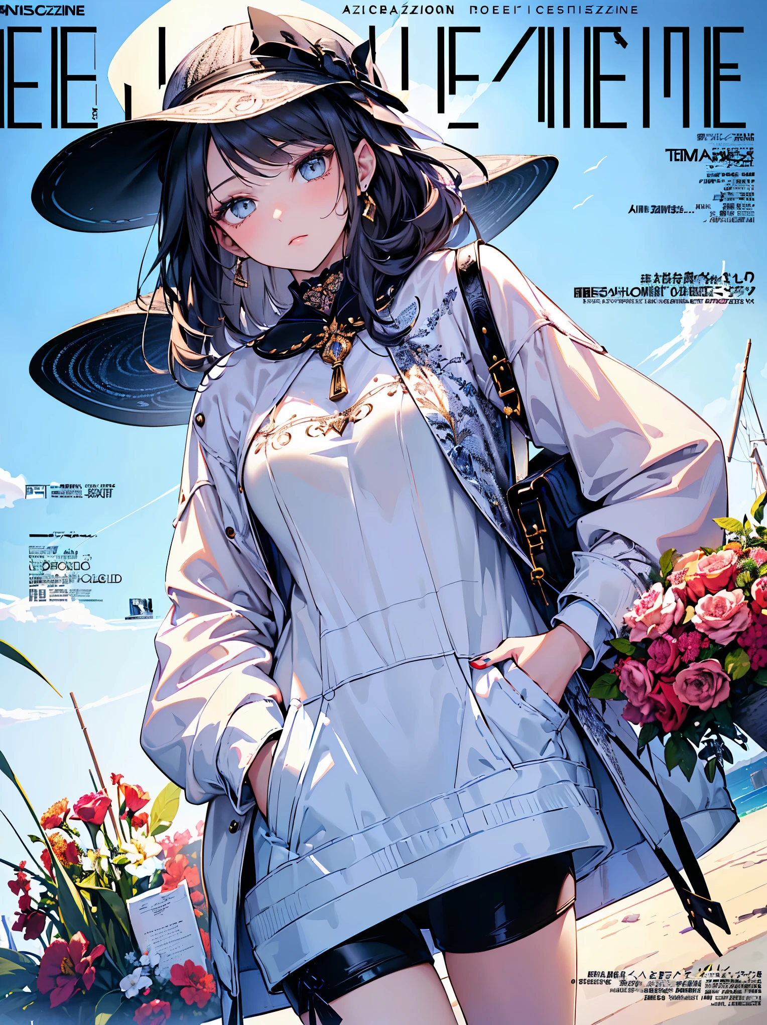 (( best quality )),(Ultra high resolution),( very detailed),( Detailed explanation ),(( best CG )),( Best Works of Art ), Ultra Precision Art, Amazing Painting Art ,( Contemporary Art with Fine Details:1.5),( Fashion Magazine Cover:1.8), ( Female Fashion Model Wearing a Hat at an Angle :1.6),( Beautiful, Well-groomed Face :1.5), gradient depiction :1.6,Powerful Gaze:1.4,( wearing a hat at an angle :1.3),Tops:1.3,Open Jumper :1.3, hotpants:1.4