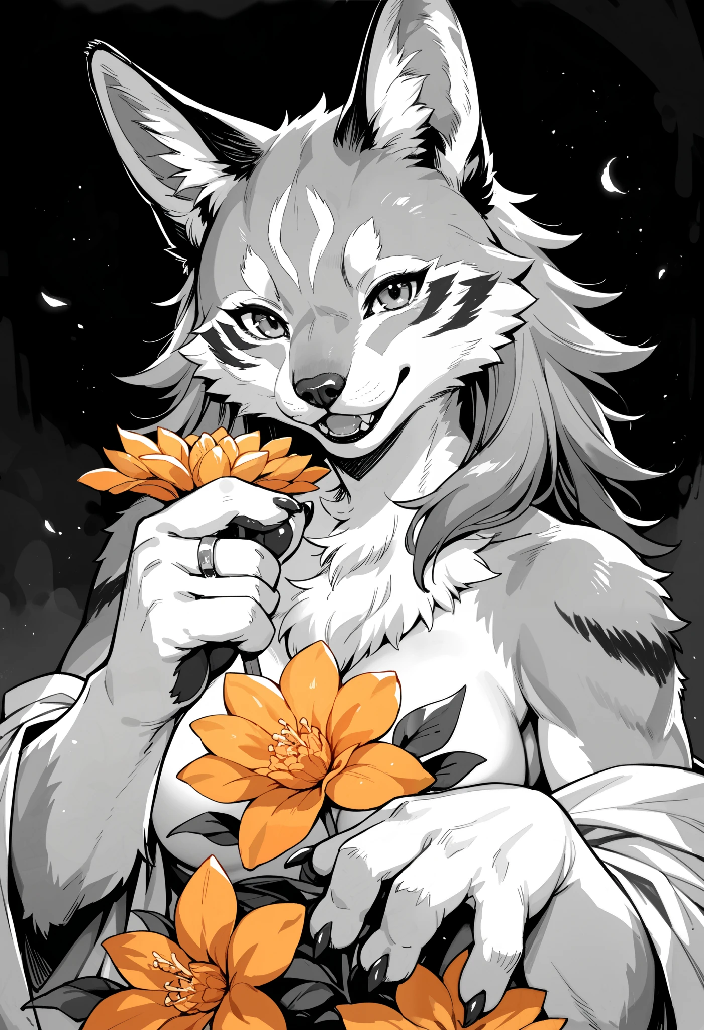 monochrome, watercolor, highres, top quality, best quality, paid reward available, High-quality illustrations, unparalleled masterpiece, perfect artwork, absurdres, 1girl, kemono, furry, detailed body fur, animal face, animal hand, Archaic Smile, holding a cluster of  yellow flower in both hands, which are positioned at chest level, She is wearing a simple ring on the ring finger of her left hand, unfocused spread of yellow flower, fan-created work shared on platforms Pixiv or Twitter,