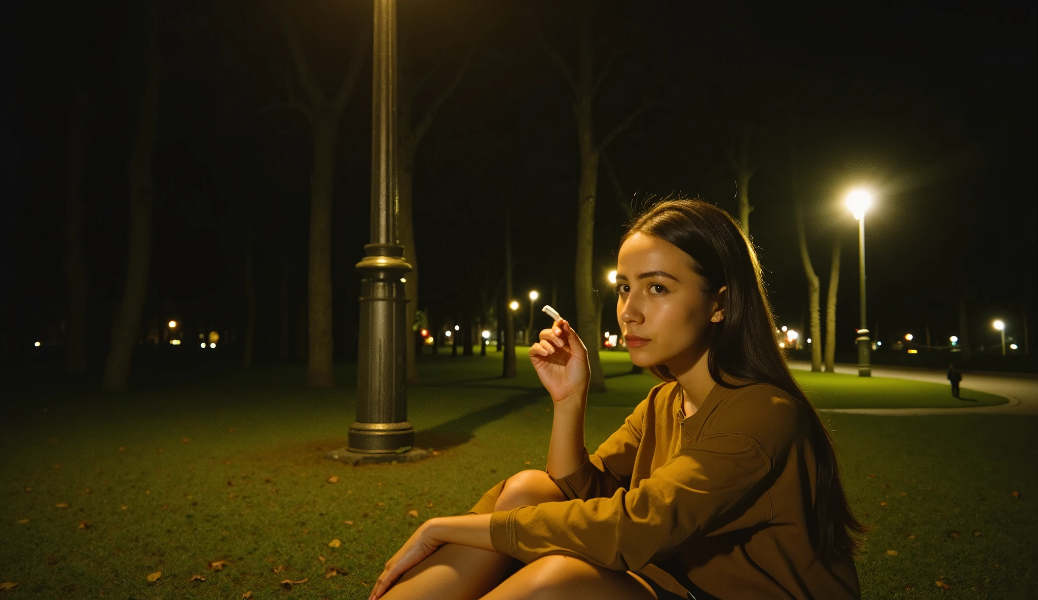 Create a cinematic close-up of a young woman sitting on grass in a quiet town square at night, captured in the nostalgic style of a disposable camera. She’s holding a cigarette in one hand, her posture relaxed and her expression neutral, gazing into the distance with a contemplative air. The warm, grainy tones of the disposable camera effect, with subtle light leaks and a slightly muted palette, enhance the vintage charm. Her face is softly illuminated by the golden glow of a nearby lamppost, while the blurred background features a tranquil park with tall trees, dimly lit pathways, and soft, distant streetlights, creating an intimate and serene atmosphere.