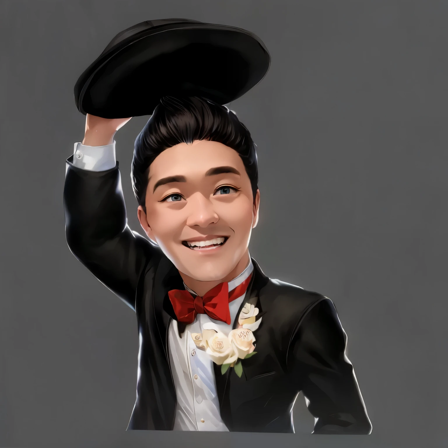  masterpiece,  top quality, hand-painted style character ， Best Quality, Official Art , Stephen Chow， holds a hat in her hand ，Wearing a suit，Tie，Handsome face，Surprised expression，lol，Happy，  has a delicate and handsome face ，电影Actor，Stephen Chow明星， Beautiful eyes  ,lol容，Handsome face,  with extremely detailed eyes and faces, Long eyelashes,  masterpiece,  high quality ,  perfect face, 微lol ，Perfect Fingers,  Perfect Anatomy , Perfect Arms, Male celebrity，Handsome face， Actor， hand-painted style character ，2.5D， ( Highest Quality ,16K, high resolution , masterpiece:1.2), super detailed,( hand-painted style character , realistic :1.37),HDR, Ultra HD,  studio lighting  , Super Fine Painting , clearly focused, Physically Based Rendering , Extreme Detailed Description ,Professional, The bright colors ,  Dramatic Lighting  , Light and Dark Contrast, Mystery,joy，, surrealistic ,fantasy