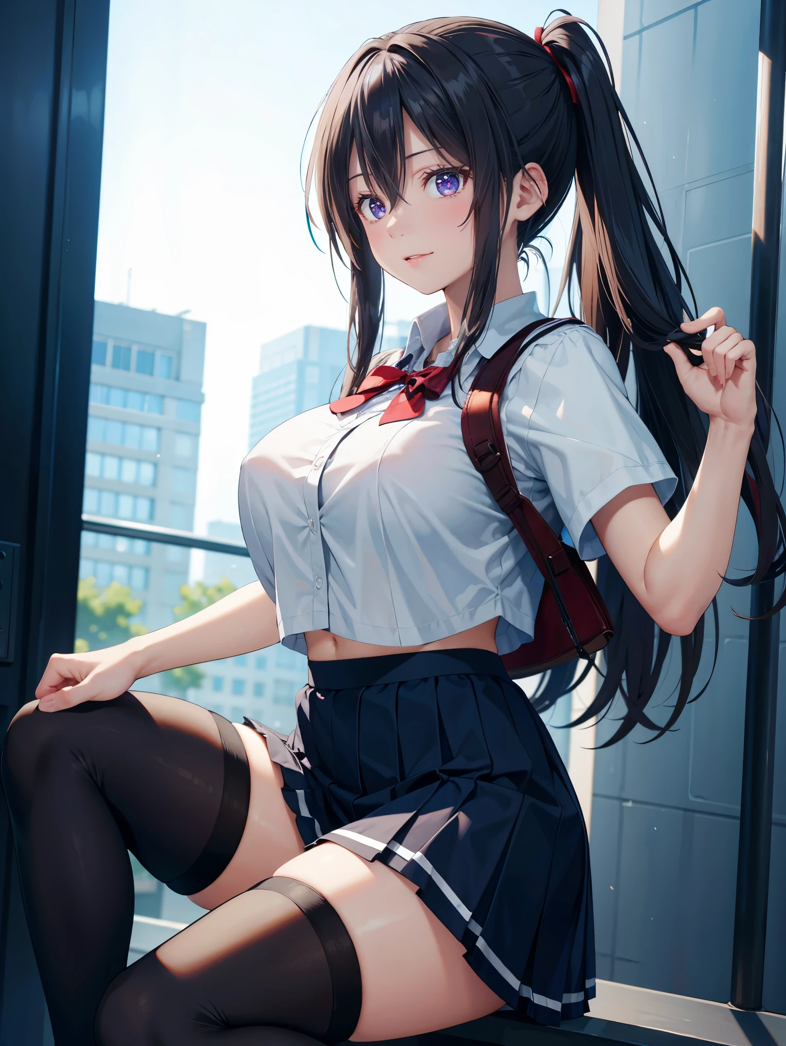 very cute and beautiful girl,(Very detailed美しい顔), (smile),blush,Black Hair,Seraphim,(Pleated navy blue mini skirt),Are standing,(From below),(Lacy white panties), Wooden classroom,window,Distant Tree々and the city, (Highest quality,masterpiece:1.0),Absurd,High resolution,Super detailed,Very detailed,32k,8K resolution, Intricate details,Movie Scenes,Detailed Background,alone,Dynamic Angle,