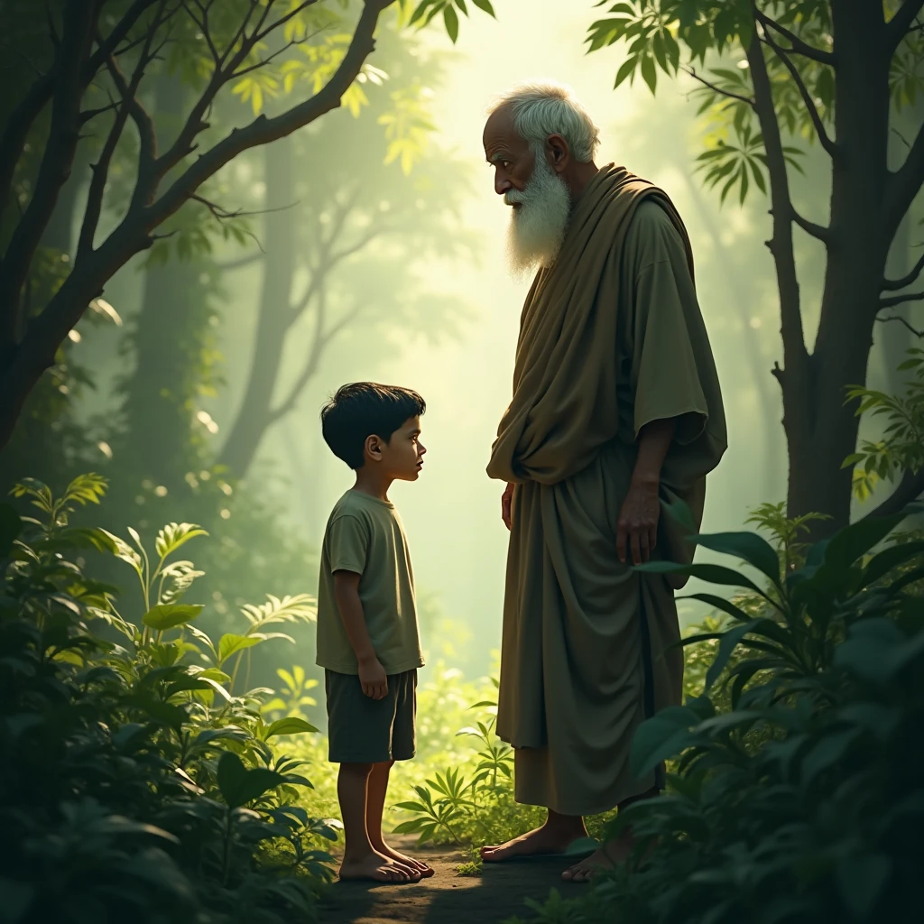 Young boy asking to question to old man in jungle