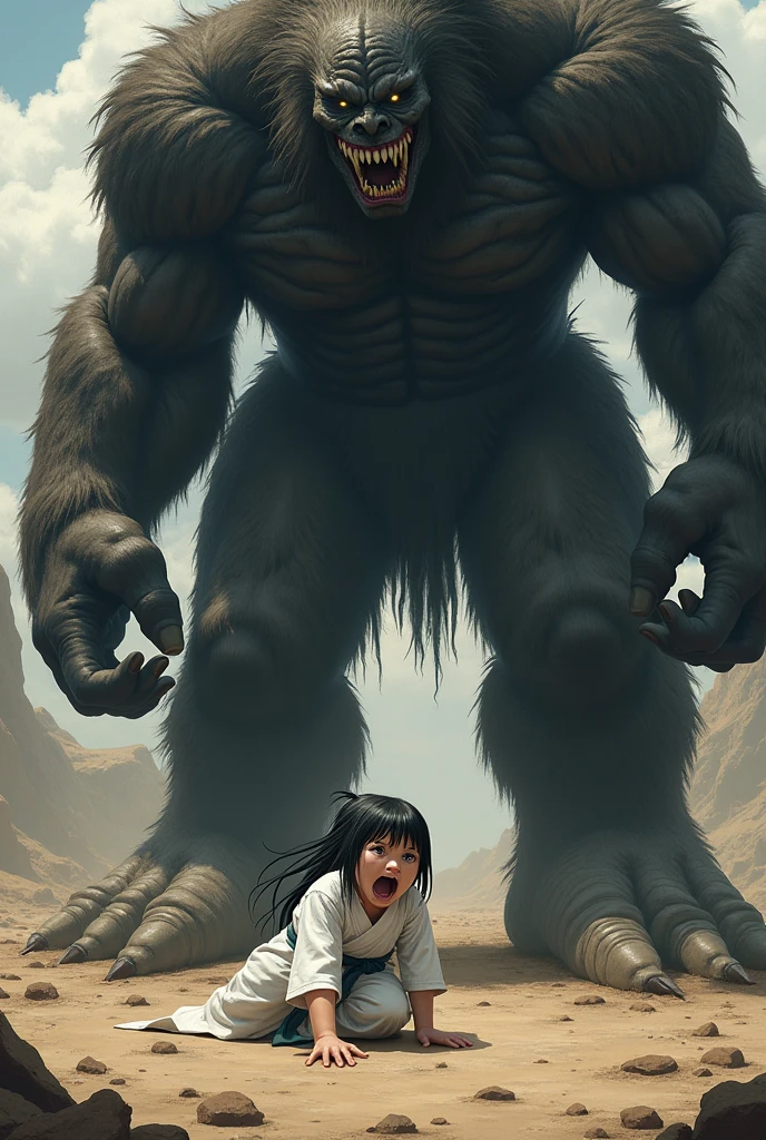 A giant high school girl jump-kicks a giant monster、Buildings、Black Hair、Bobcut、Real、photograph、Cloudy、City
