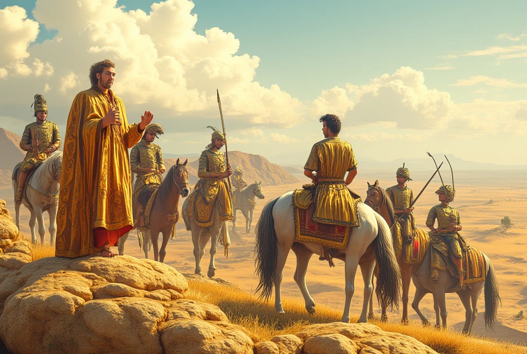 Draw the ethiopian king ase fasiledes standing on a mountain with three of his ritinue, three of his guards and four guards on a horse wide angle The king an the three rotines we
 ars a robe wigh golded designe on the edge there are 11 peaple in total