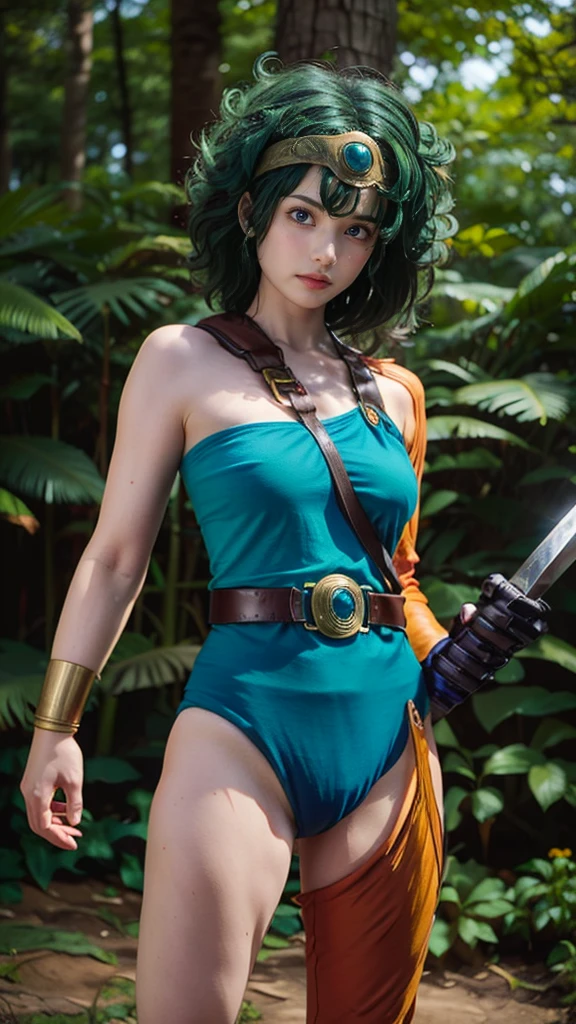 (((SFW、sound、Highest quality、Top notch work、Normal body、、Detailed face、Ultra-precision、Normal hand、のrefer、5refer、Highest)))、beautiful girl、Green Hair、yamato nadeshiko、Small breasts、Shortcuts、Blue leotard、Muscular、Black paleo skirt、Red Cape、Circlet、Dragon Quest、Female Heroes、 Fight、Fight準備完了、Sweep with a sword、Please put your hands together in front of you.、Place your hands behind your back、Please put your hands on your hips、cover your chest with your hands、((Executed perfectly:Frame yourself from head to toe,Standing posture,Draws in great detail、There is no anatomical problem))、forest